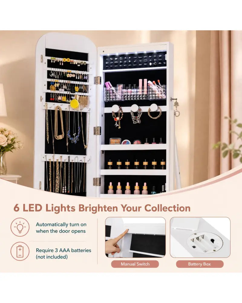 Jewelry Cabinet with Full-Length Mirror Large Storage Capacity-White - White - Jewelry Armoires