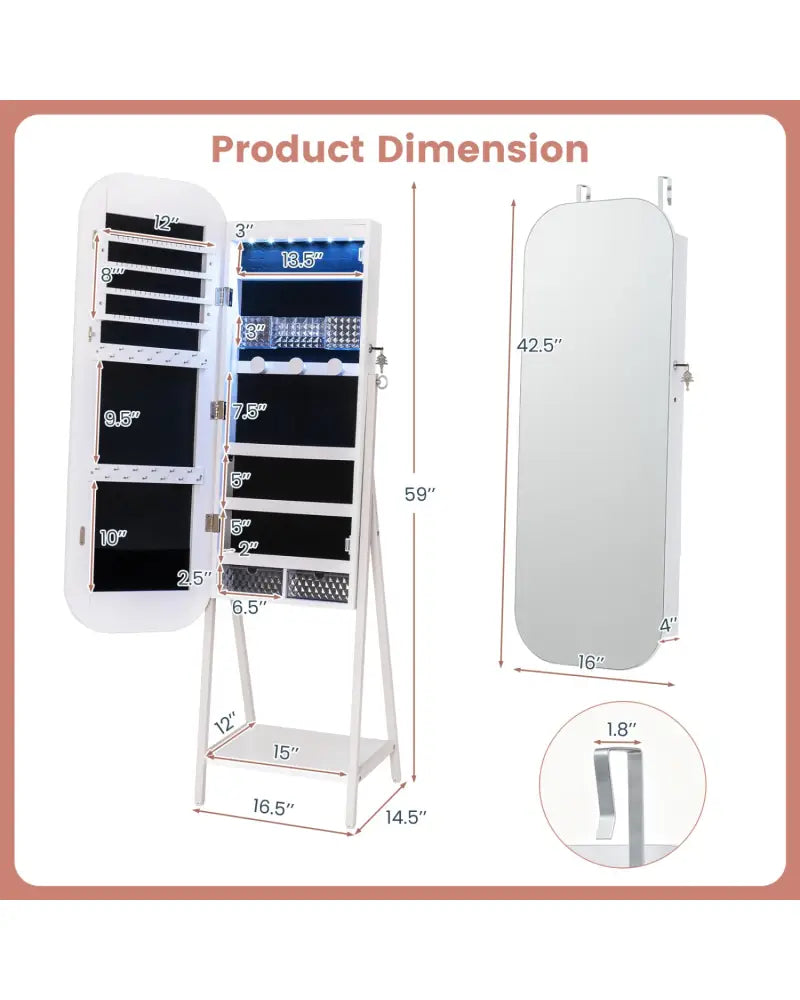 Jewelry Cabinet with Full-Length Mirror Large Storage Capacity-White - White - Jewelry Armoires