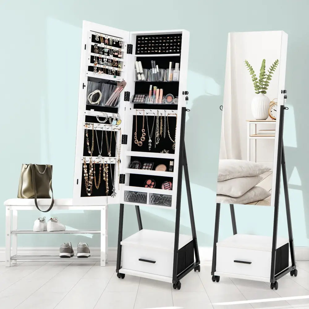 Jewelry Cabinet with Full-Length Mirror-White - White - Jewelry Armoires