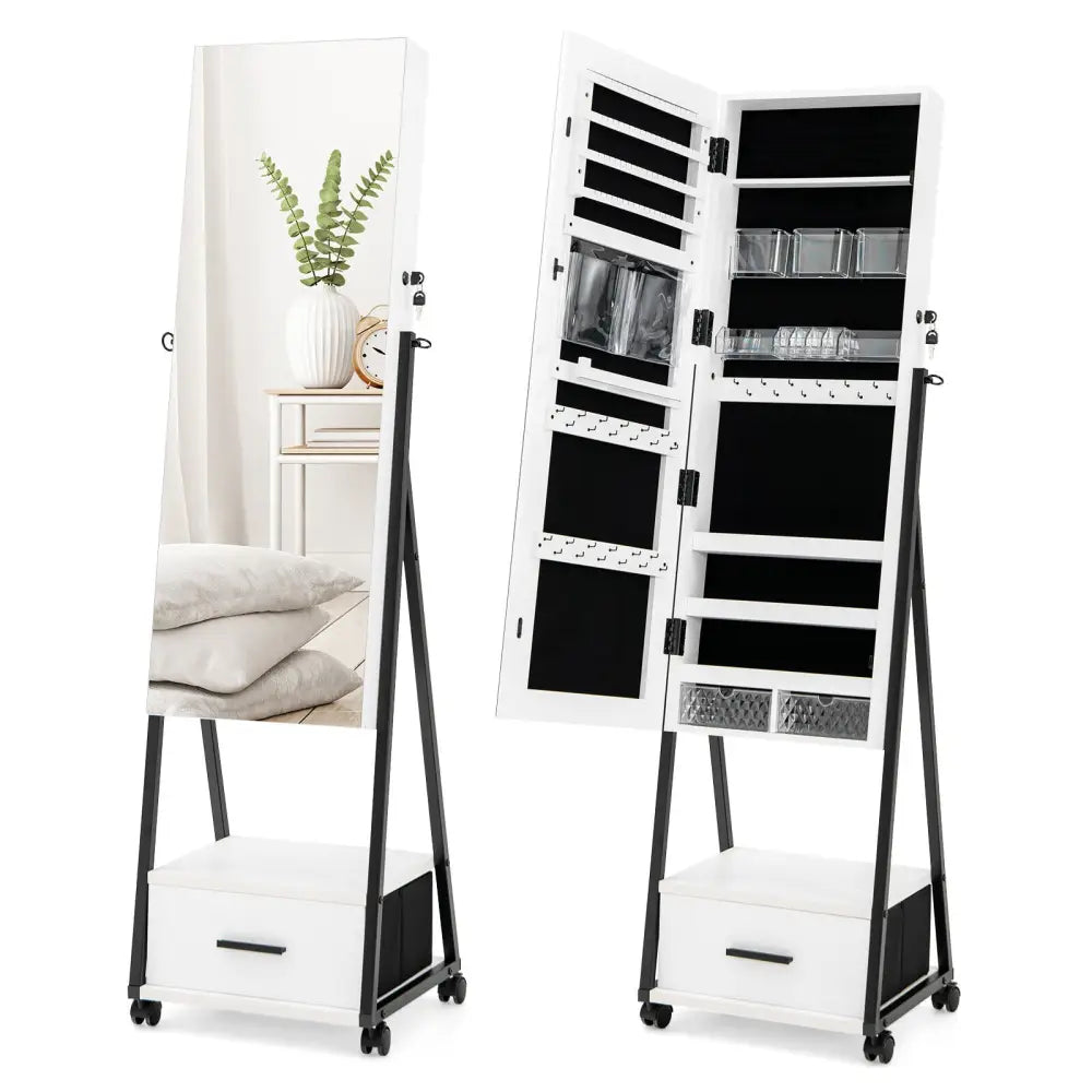 Jewelry Cabinet with Full-Length Mirror-White - White - Jewelry Armoires