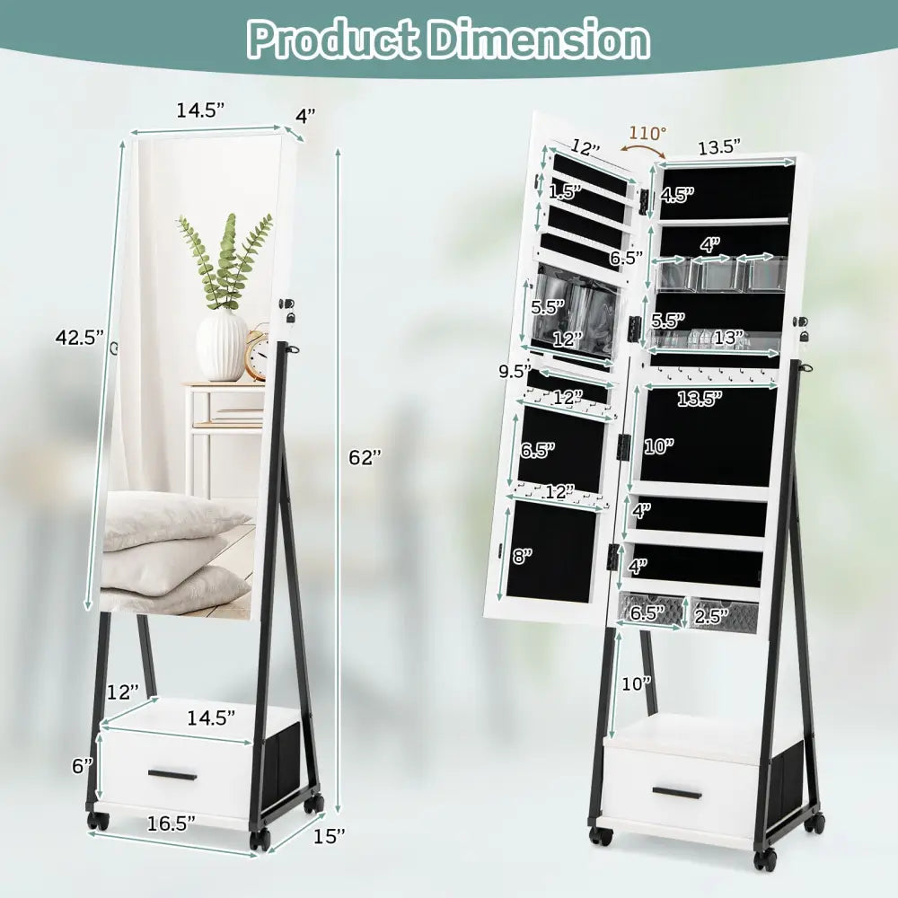 Jewelry Cabinet with Full-Length Mirror-White - White - Jewelry Armoires