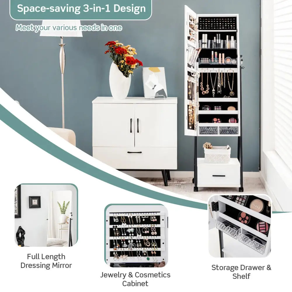Jewelry Cabinet with Full-Length Mirror-White - White - Jewelry Armoires