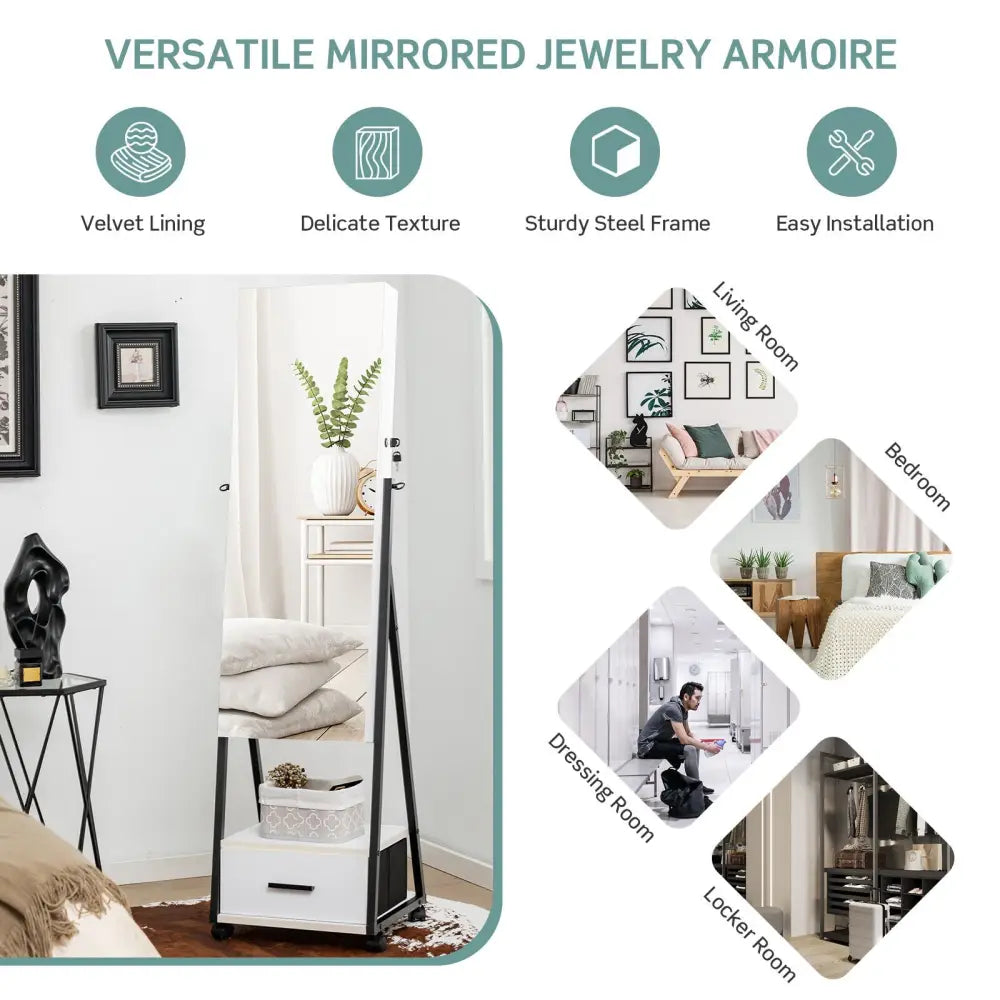 Jewelry Cabinet with Full-Length Mirror-White - White - Jewelry Armoires