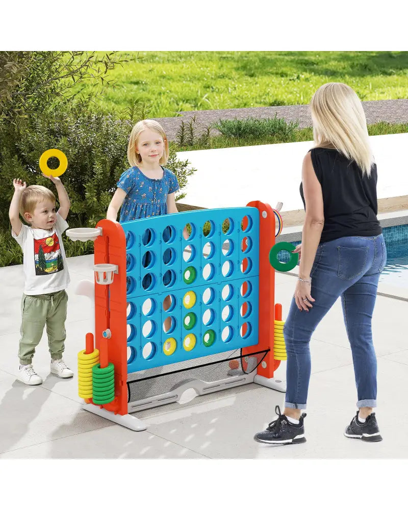 Jumbo 4-to-Score Game with Ring-toss and Basketball Hoop-Blue & Orange - Blue & Orange - Lawn Games