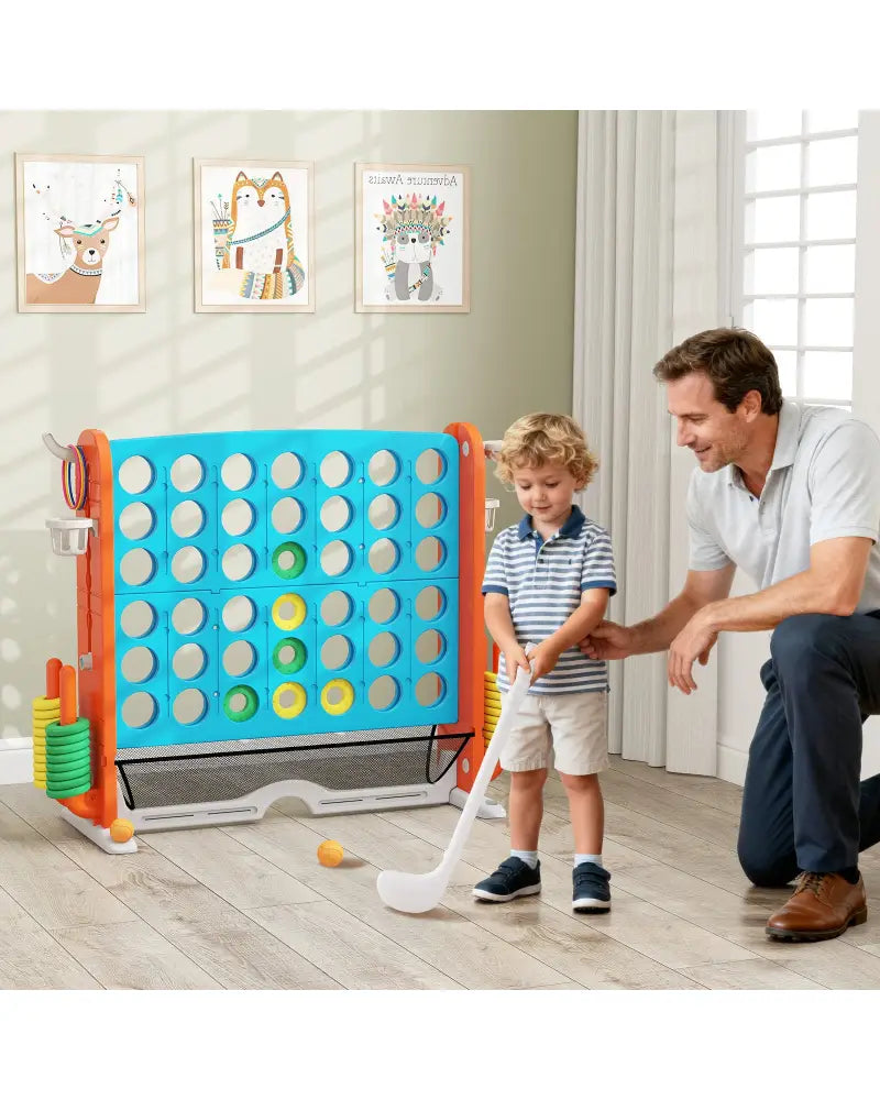 Jumbo 4-to-Score Game with Ring-toss and Basketball Hoop-Blue & Orange - Blue & Orange - Lawn Games