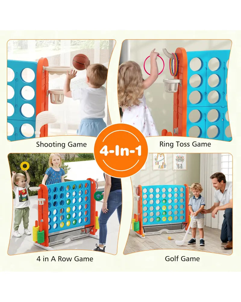 Jumbo 4-to-Score Game with Ring-toss and Basketball Hoop-Blue & Orange - Blue & Orange - Lawn Games