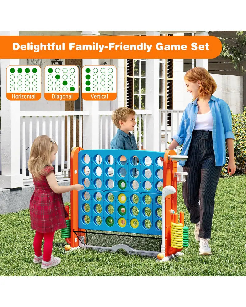 Jumbo 4-to-Score Game with Ring-toss and Basketball Hoop-Blue & Orange - Blue & Orange - Lawn Games