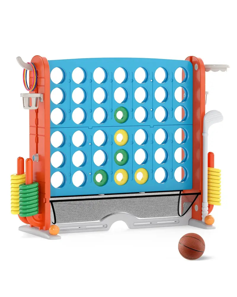 Jumbo 4-to-Score Game with Ring-toss and Basketball Hoop-Blue & Orange - Blue & Orange - Lawn Games