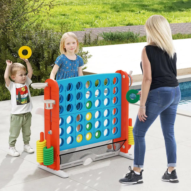Jumbo 4-to-Score Game with Ring-toss and Basketball Hoop-Blue & Orange - Blue & Orange - Lawn Games