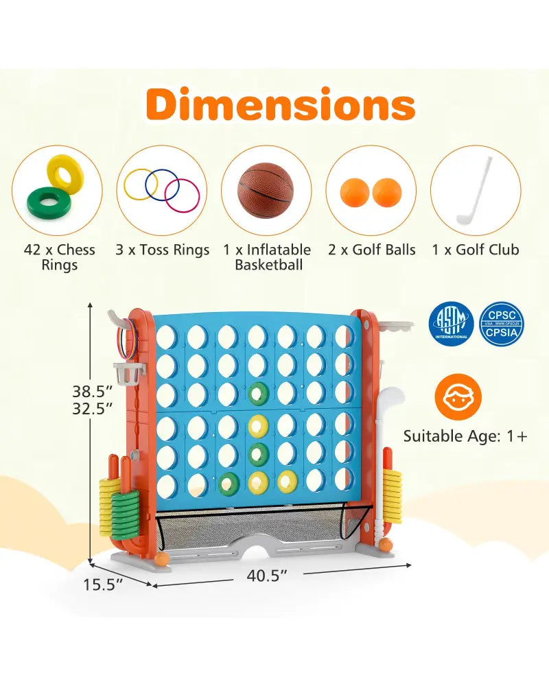 Jumbo 4-to-Score Game with Ring-toss and Basketball Hoop-Blue & Orange - Blue & Orange - Lawn Games