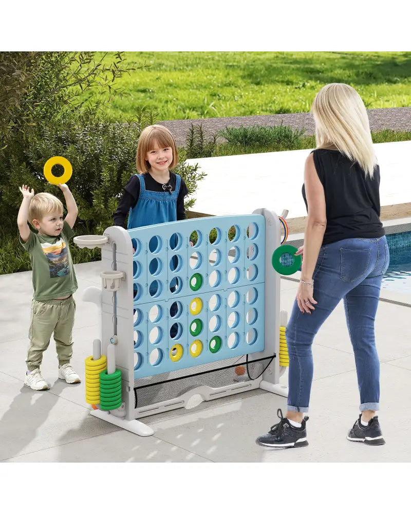 Jumbo 4-to-Score Game with Ring-toss and Basketball Hoop-Light Blue - Light Blue - Lawn Games