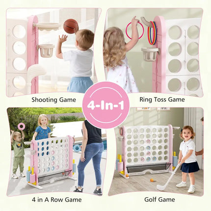 Jumbo 4-to-Score Game with Ring-toss and Basketball Hoop-Pink - Pink - Lawn Games