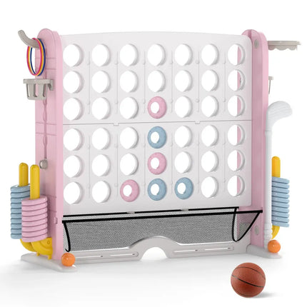 Jumbo 4-to-Score Game with Ring-toss and Basketball Hoop-Pink - Pink - Lawn Games