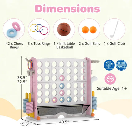 Jumbo 4-to-Score Game with Ring-toss and Basketball Hoop-Pink - Pink - Lawn Games