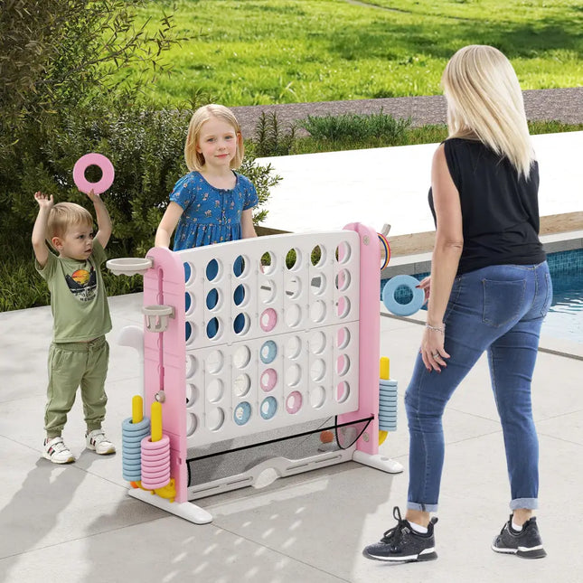 Jumbo 4-to-Score Game with Ring-toss and Basketball Hoop-Pink - Pink - Lawn Games