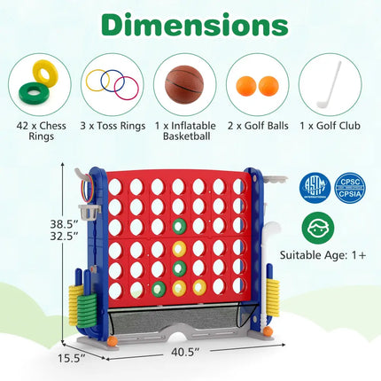 Jumbo 4-to-Score Game with Ring-toss and Basketball Hoop-Red - Red - Lawn Games