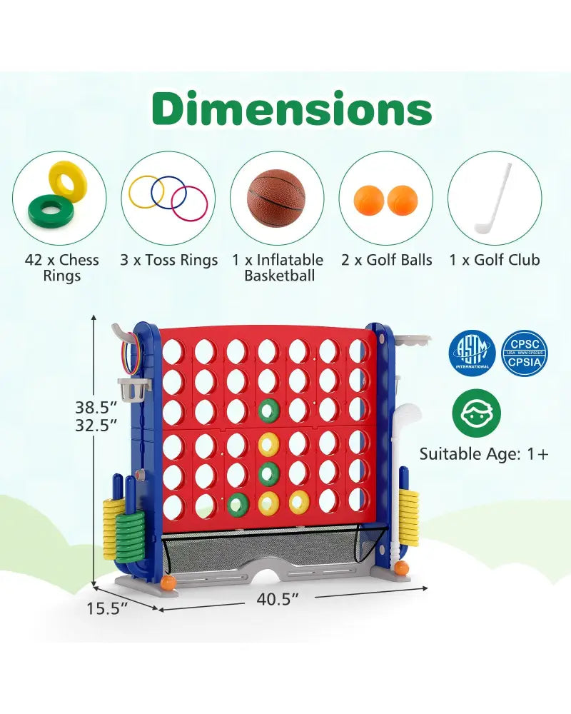 Jumbo 4-to-Score Game with Ring-toss and Basketball Hoop-Red - Red - Lawn Games
