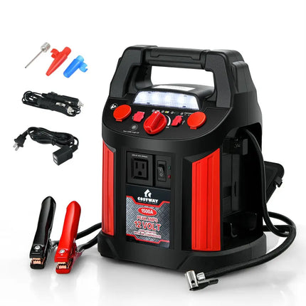 Jump Starter Air Compressor Power Bank Charger with LED Light and DC Outlet - Black & Red - Garages