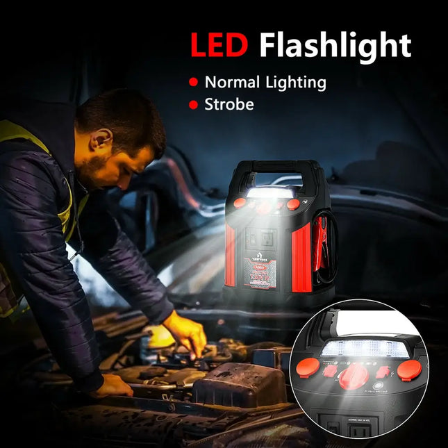 Jump Starter Air Compressor Power Bank Charger with LED Light and DC Outlet - Black & Red - Garages