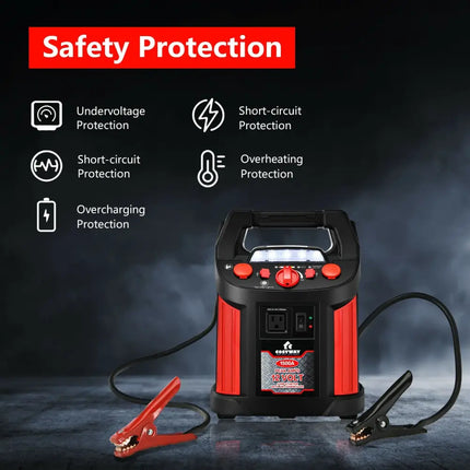 Jump Starter Air Compressor Power Bank Charger with LED Light and DC Outlet - Black & Red - Garages