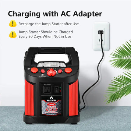 Jump Starter Air Compressor Power Bank Charger with LED Light and DC Outlet - Black & Red - Garages