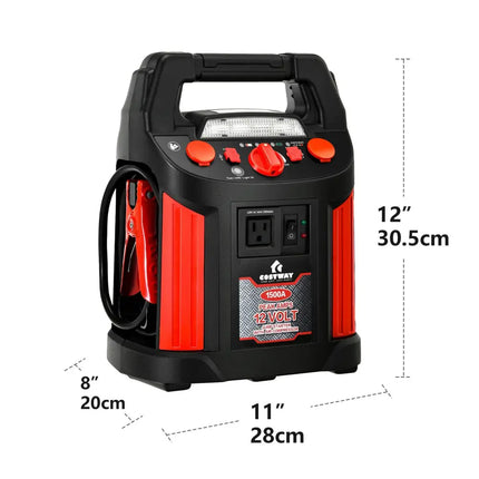 Jump Starter Air Compressor Power Bank Charger with LED Light and DC Outlet - Black & Red - Garages