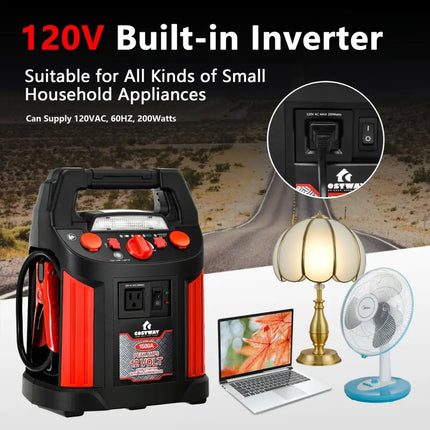 Jump Starter Air Compressor Power Bank Charger with LED Light and DC Outlet - Black & Red - Garages