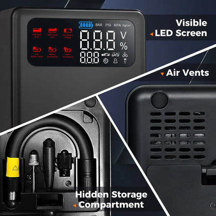 Jump Starter with Air Compressor 2000A 12V Car Battery with 150PSI Digital Tire Inflator - Black - Garages