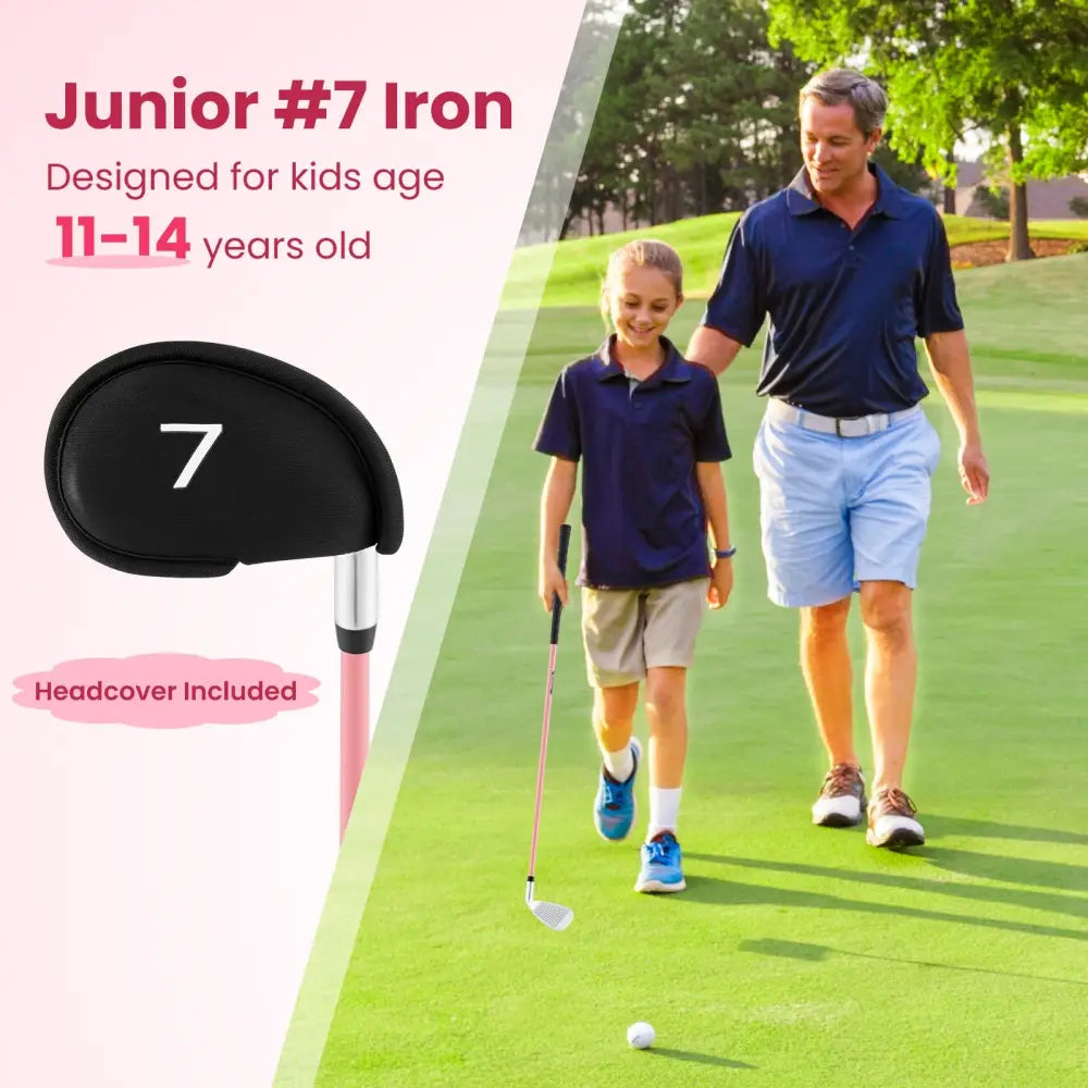Junior #7 Iron for Kids with Fiberglass Shaft and Headcover-Pink - Pink - Golf