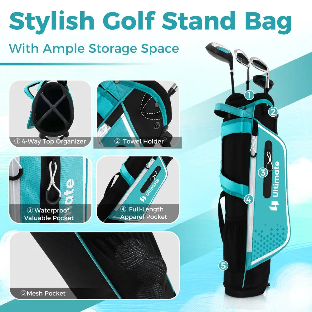 Junior Complete Golf Club Set for Kids with Rain Hood Right Hand Children Golf Age 8-10 Years Old-Blue - Blue - Golf