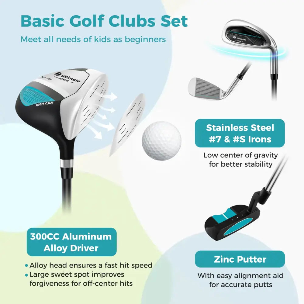 Junior Complete Golf Club Set for Kids with Rain Hood Right Hand Children Golf Age 8-10 Years Old-Blue - Blue - Golf