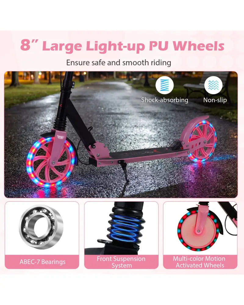Kick Scooter for Kids Teens Adults Age 8+ Foldable Scooter with Large Light-up Wheels-Pink - Pink - Scooters