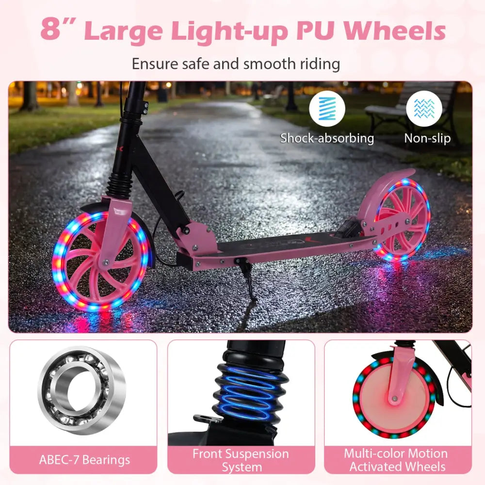 Kick Scooter for Kids Teens Adults Age 8+ Foldable Scooter with Large Light-up Wheels-Pink - Pink - Scooters