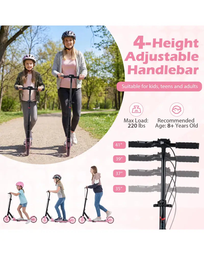 Kick Scooter for Kids Teens Adults Age 8+ Foldable Scooter with Large Light-up Wheels-Pink - Pink - Scooters
