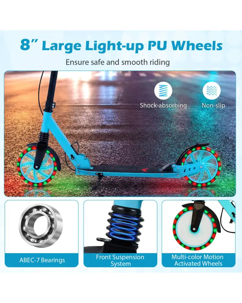 Kick Scooter for Kids Teens Adults Age 8+ Foldable Scooter with Large Light-up Wheels-Blue - Blue - Scooters