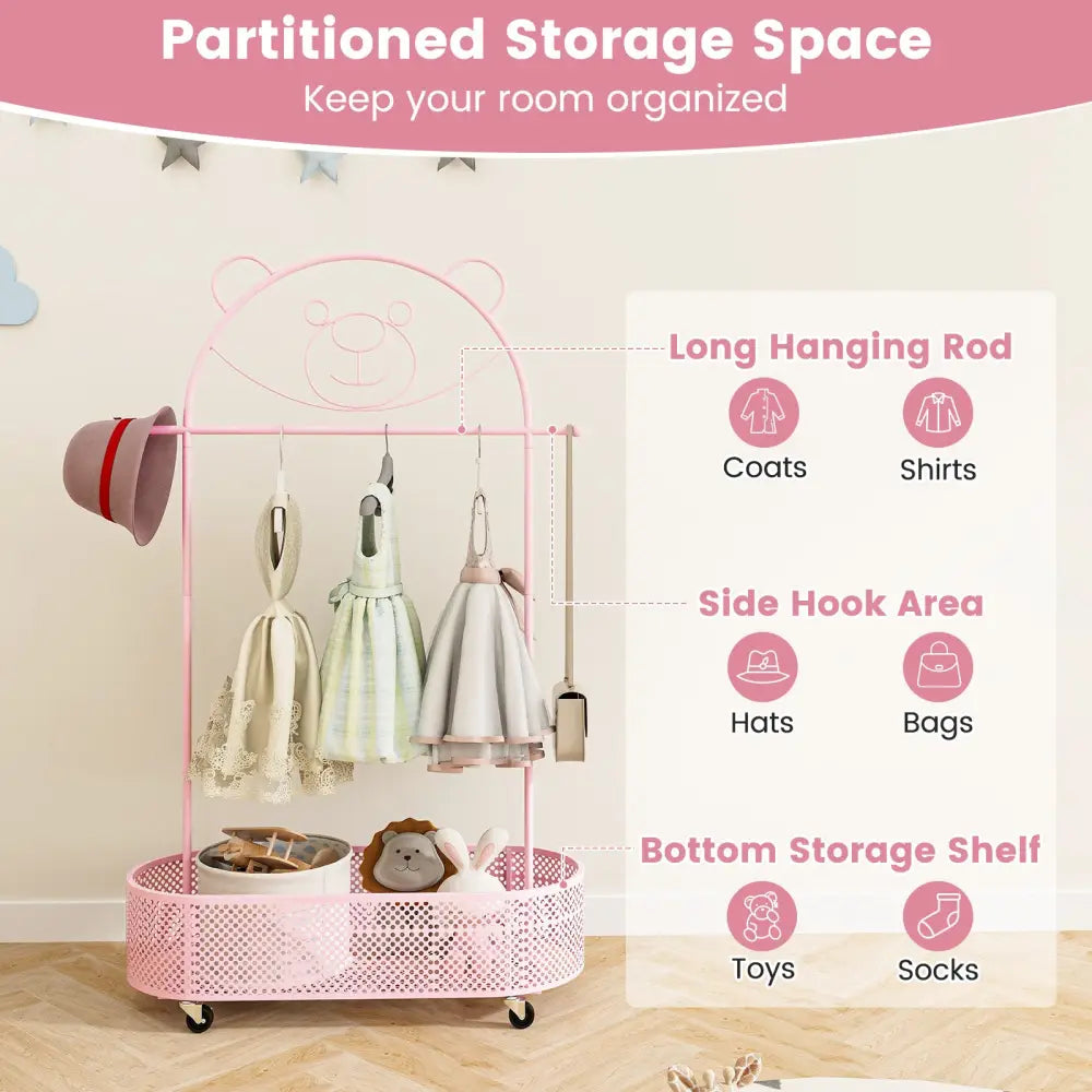 Kid Clothes Rack with 3 Adjustable Heights and Wheels-Pink - Pink - Kids Storage