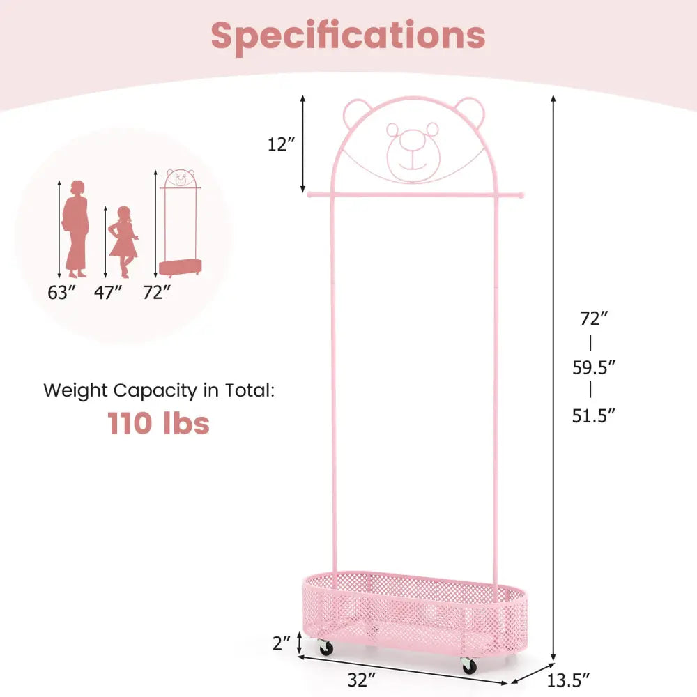 Kid Clothes Rack with 3 Adjustable Heights and Wheels-Pink - Pink - Kids Storage
