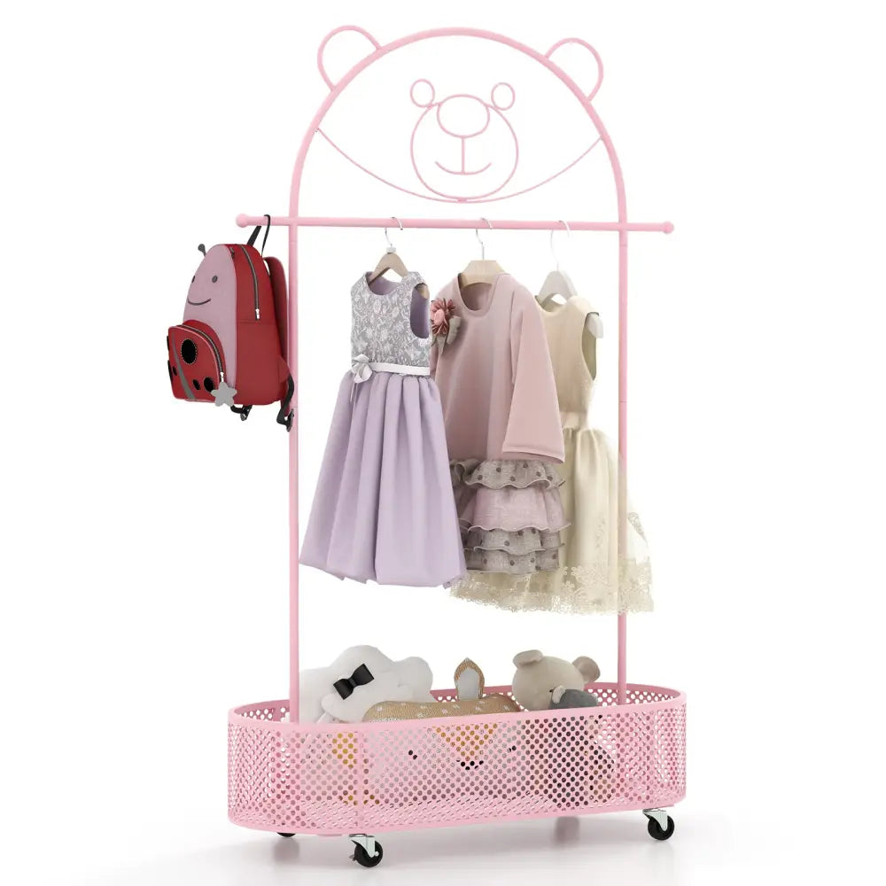 Kid Clothes Rack with 3 Adjustable Heights and Wheels-Pink - Pink - Kids Storage
