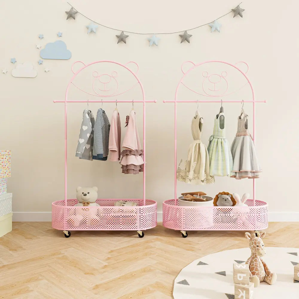 Kid Clothes Rack with 3 Adjustable Heights and Wheels-Pink - Pink - Kids Storage