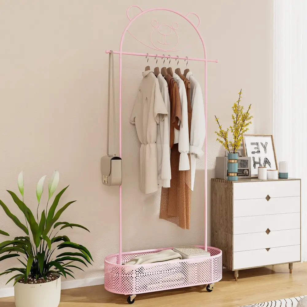 Kid Clothes Rack with 3 Adjustable Heights and Wheels-Pink - Pink - Kids Storage