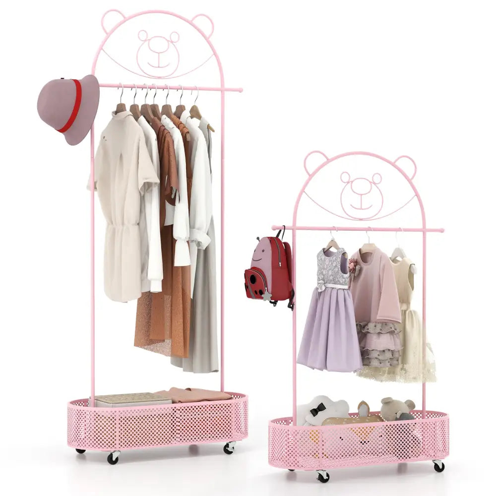 Kid Clothes Rack with 3 Adjustable Heights and Wheels-Pink - Pink - Kids Storage