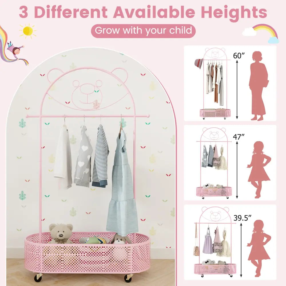 Kid Clothes Rack with 3 Adjustable Heights and Wheels-Pink - Pink - Kids Storage