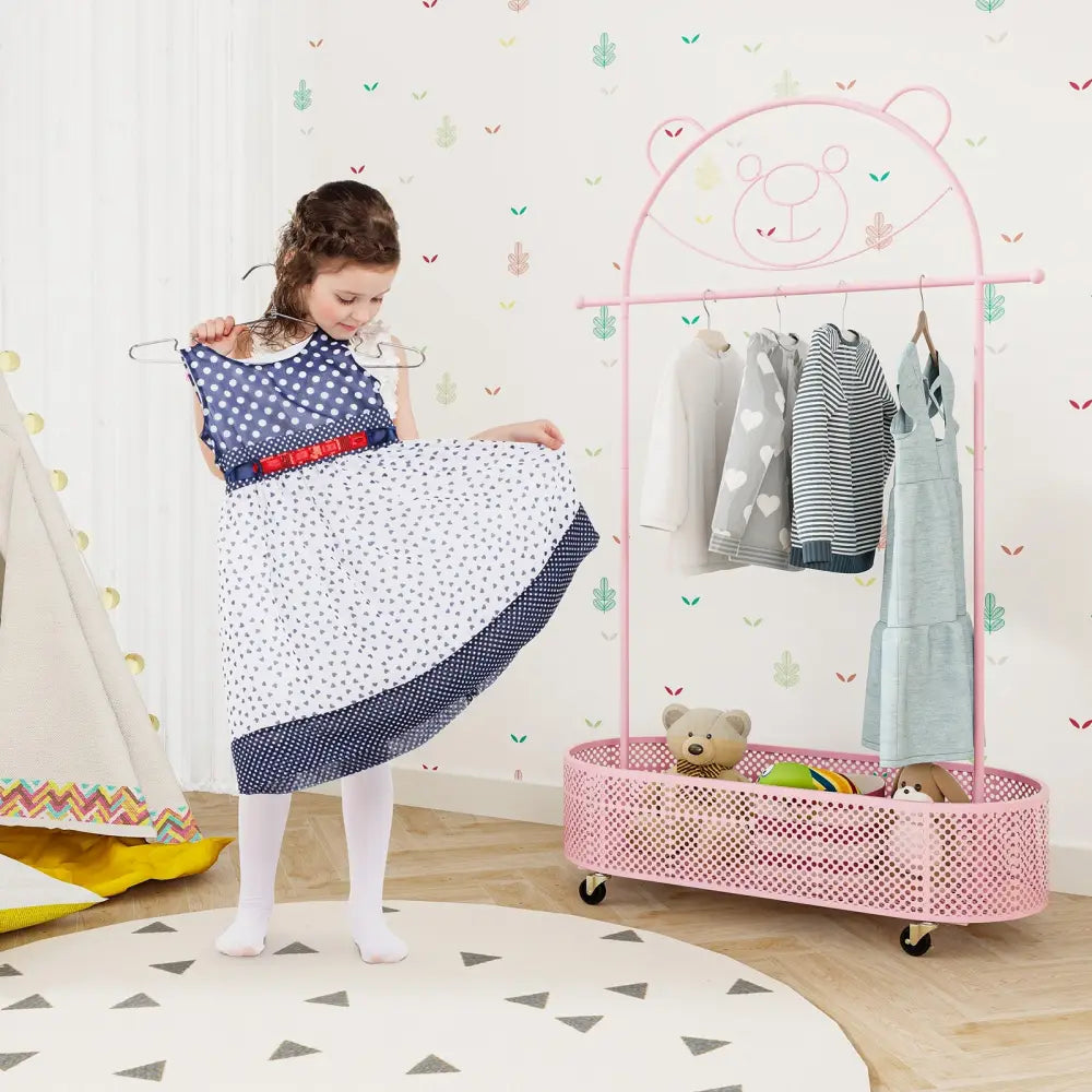 Kid Clothes Rack with 3 Adjustable Heights and Wheels-Pink - Pink - Kids Storage