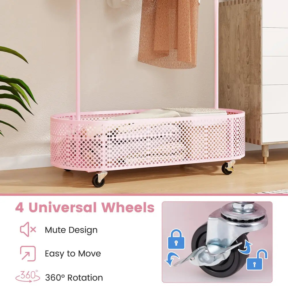 Kid Clothes Rack with 3 Adjustable Heights and Wheels-Pink - Pink - Kids Storage