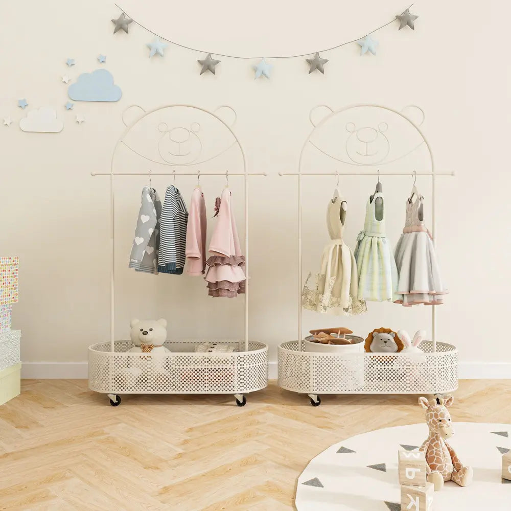 Kid Clothes Rack with 3 Adjustable Heights and Wheels-White - White - Kids Storage