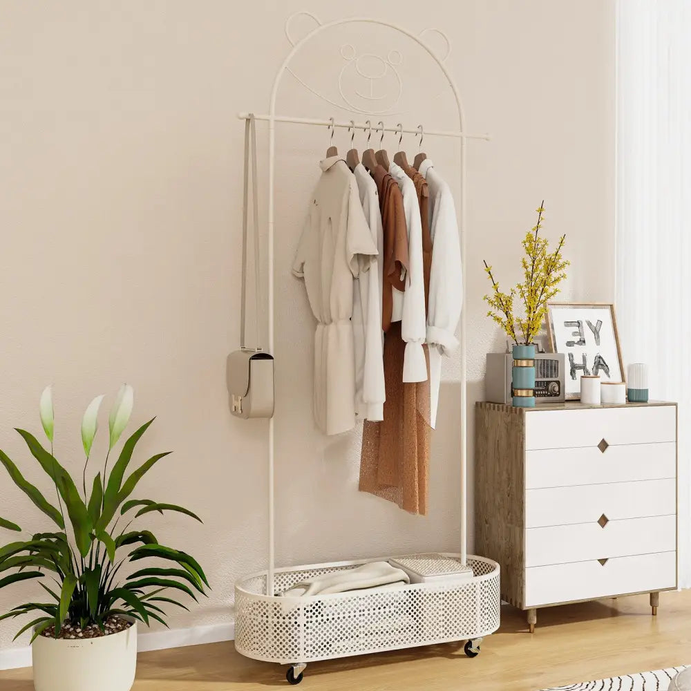 Kid Clothes Rack with 3 Adjustable Heights and Wheels-White - White - Kids Storage