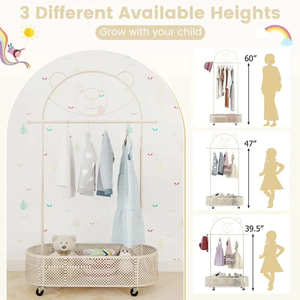 Kid Clothes Rack with 3 Adjustable Heights and Wheels-White - White - Kids Storage