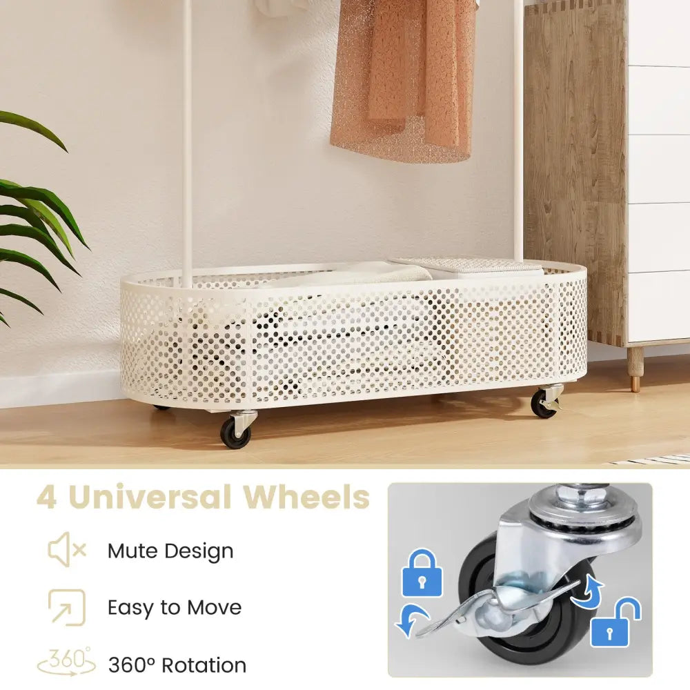 Kid Clothes Rack with 3 Adjustable Heights and Wheels-White - White - Kids Storage