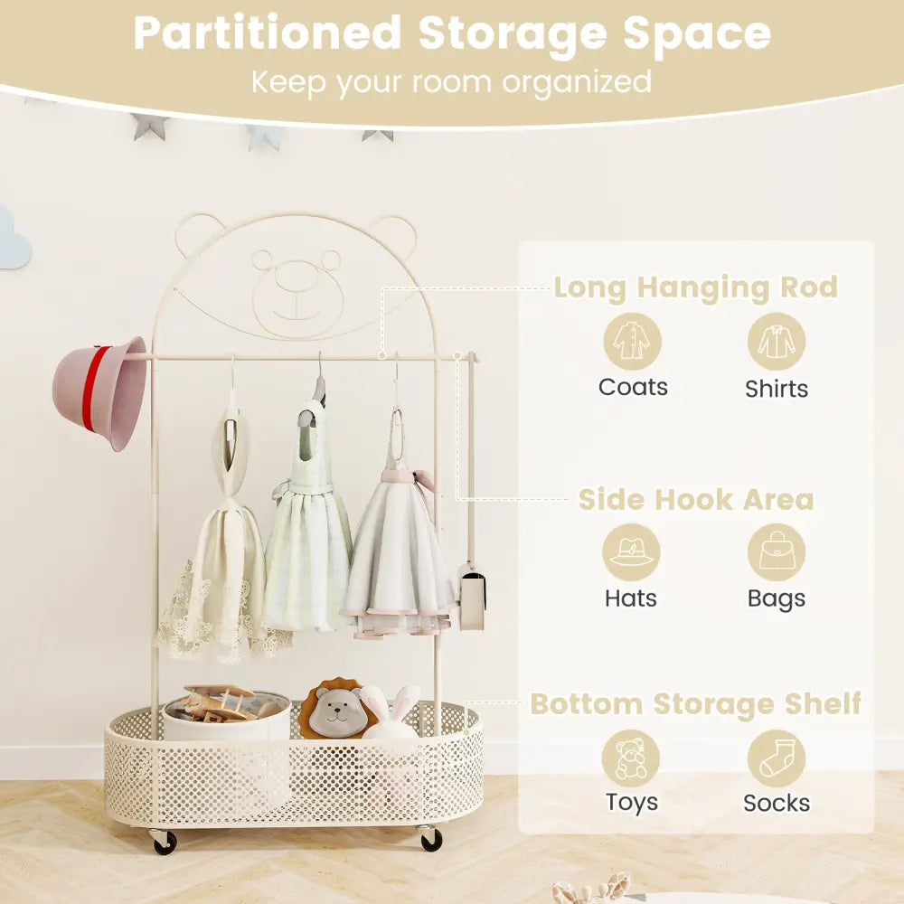 Kid Clothes Rack with 3 Adjustable Heights and Wheels-White - White - Kids Storage