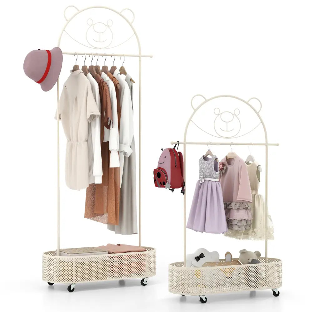 Kid Clothes Rack with 3 Adjustable Heights and Wheels-White - White - Kids Storage
